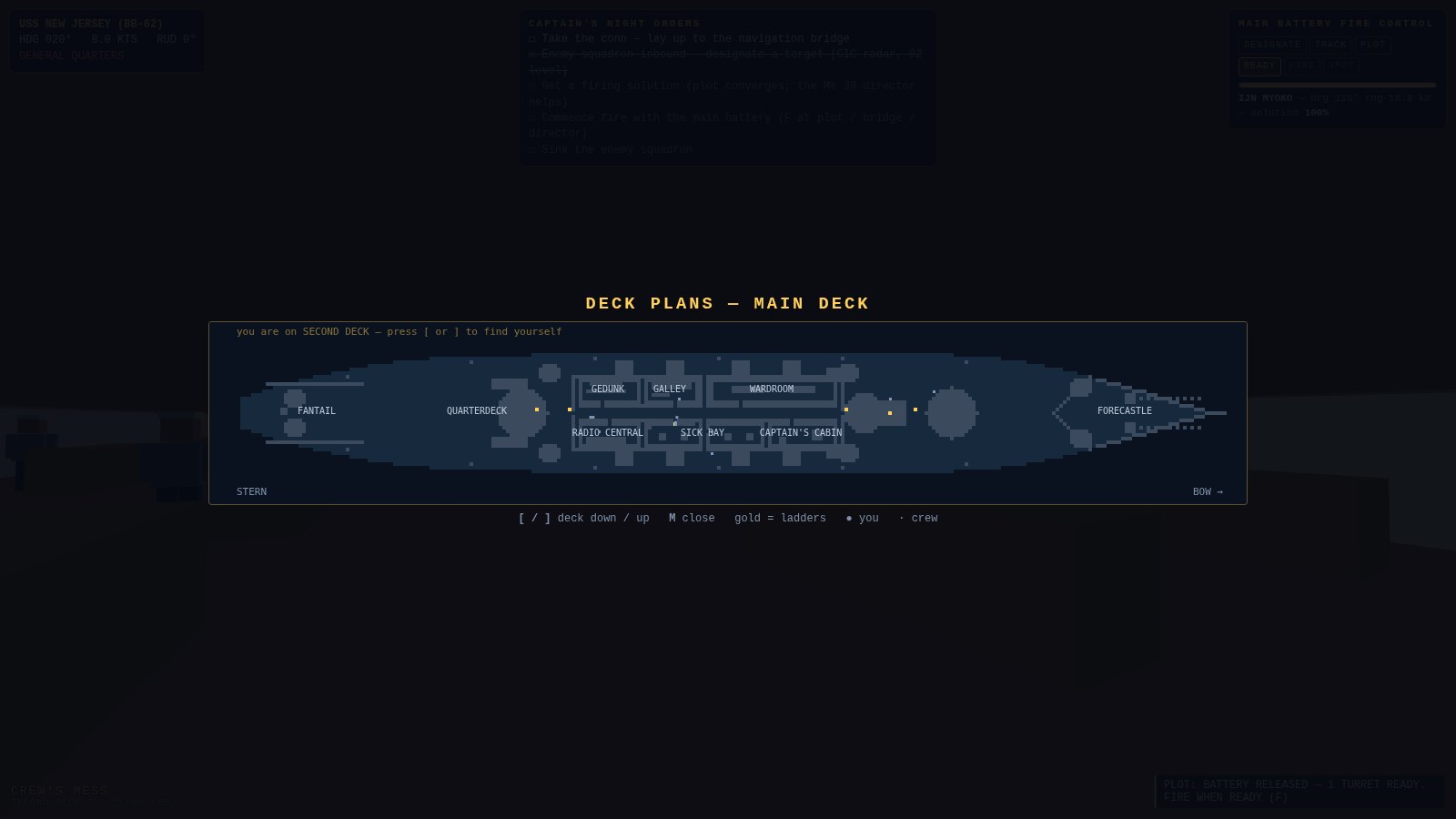 The deck plans overlay: a labeled top-down plan of the main deck with rooms, gold ladder marks, crew dots and the player marker