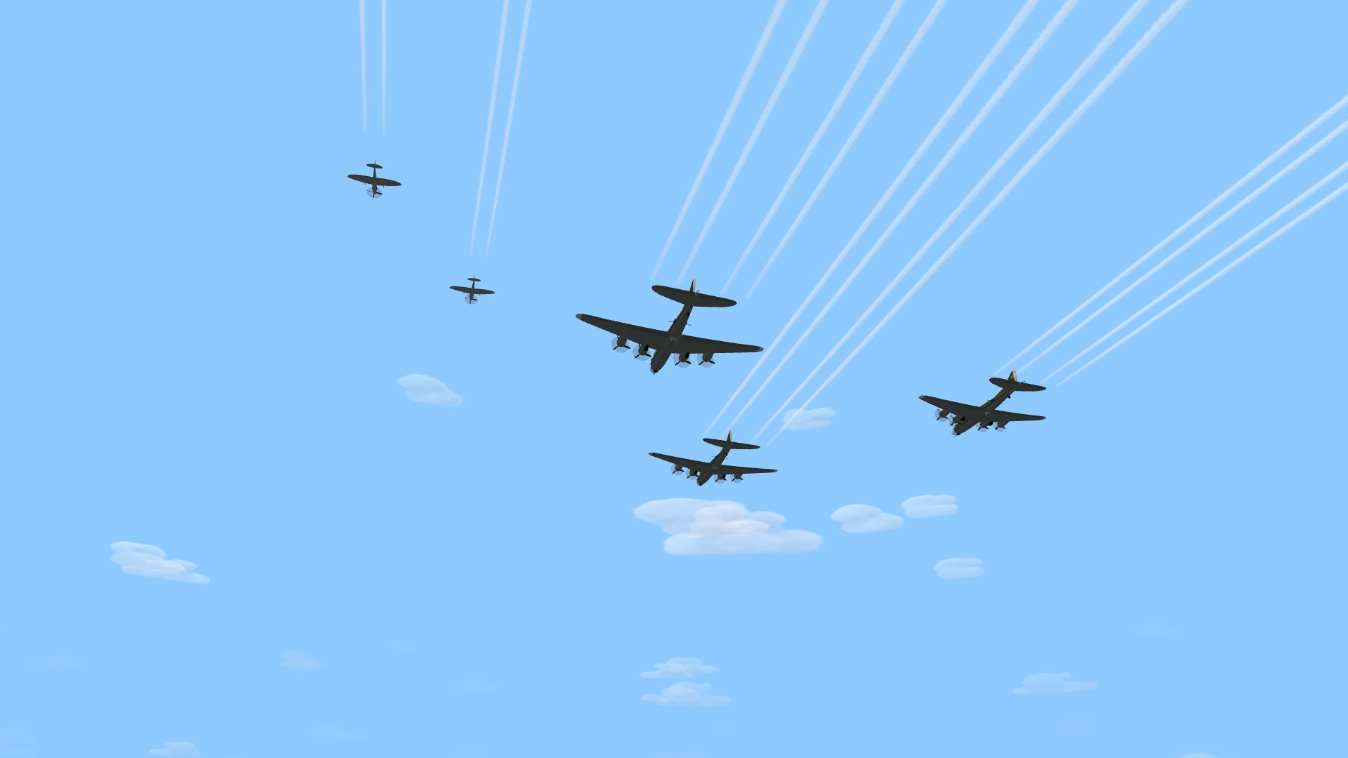 Three B-17 bombers seen from below against a blue sky, each drawing four parallel white contrails, one off every engine, with two Spitfires above them drawing two contrails each
