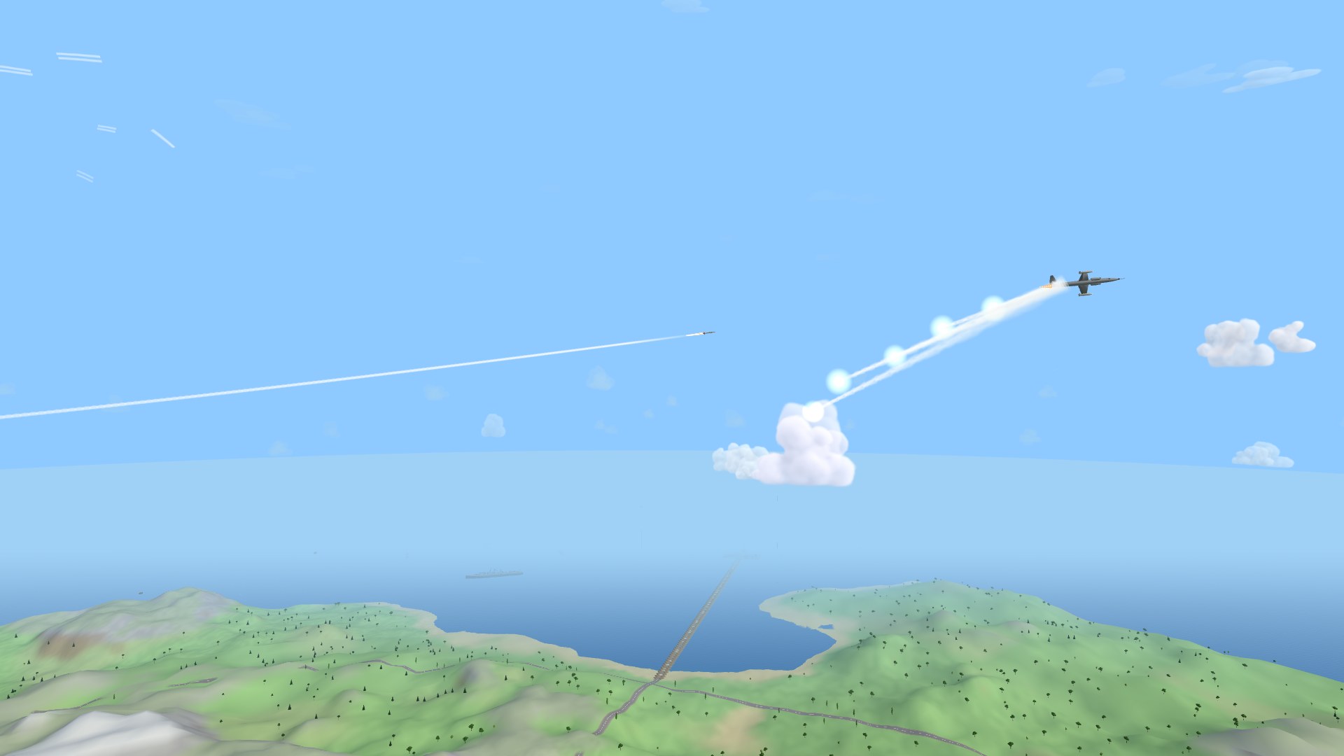A cobalt F-104 breaking hard and punching a stick of decoy flares, each a white-hot point dragging its own thick white smoke trail, while a heat-seeker's long smoke rope reaches in from the left