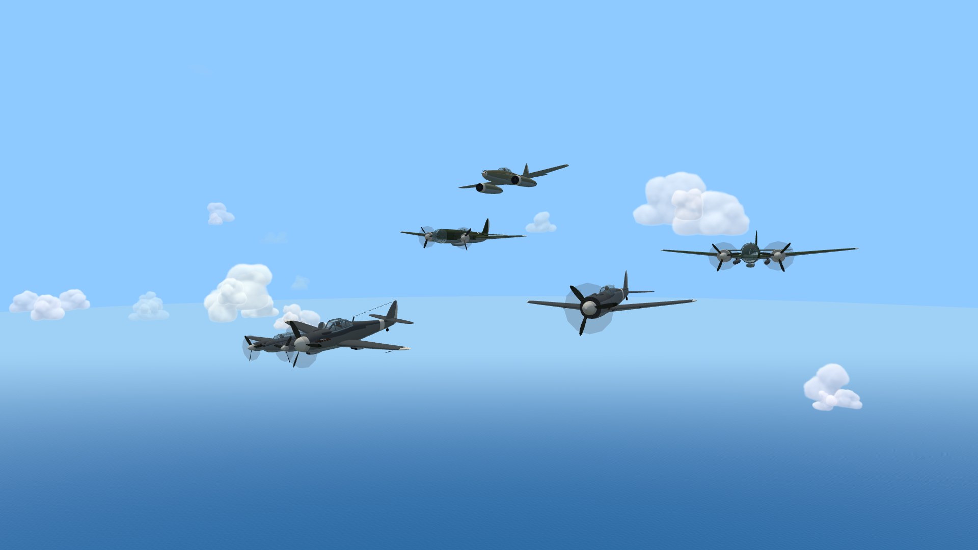 Six warbirds over the open sea: a Bf 109 and an Fw 190 up front, a twin-engine Bf 110 on their wing, a Ju 88 and a glass-nosed He 111 a length behind, and an Me 262 jet slicing past above them
