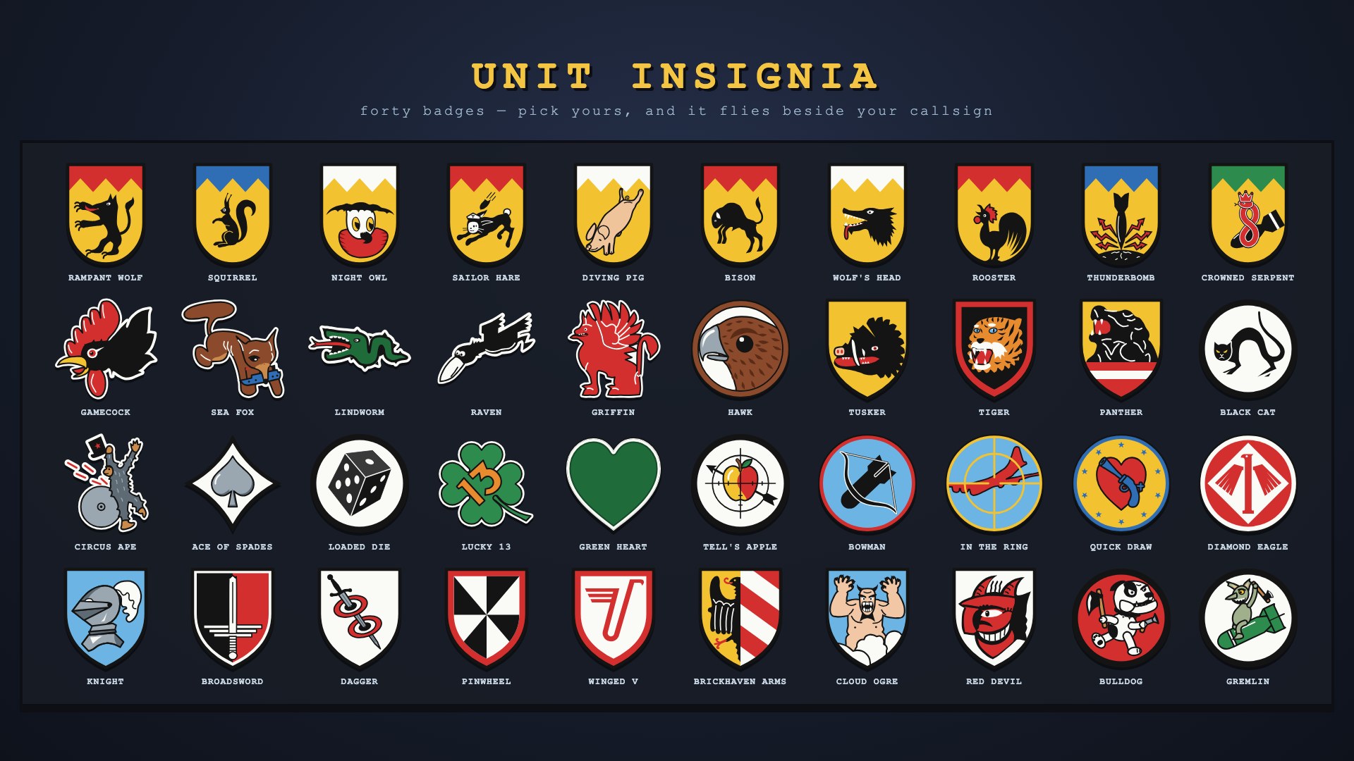 All forty unit insignia in a grid on the dark hangar slab, each with its name: dive-bomber shields with zig-zag chiefs, snarling beasts, cartoon mascots, playing cards and heraldic arms