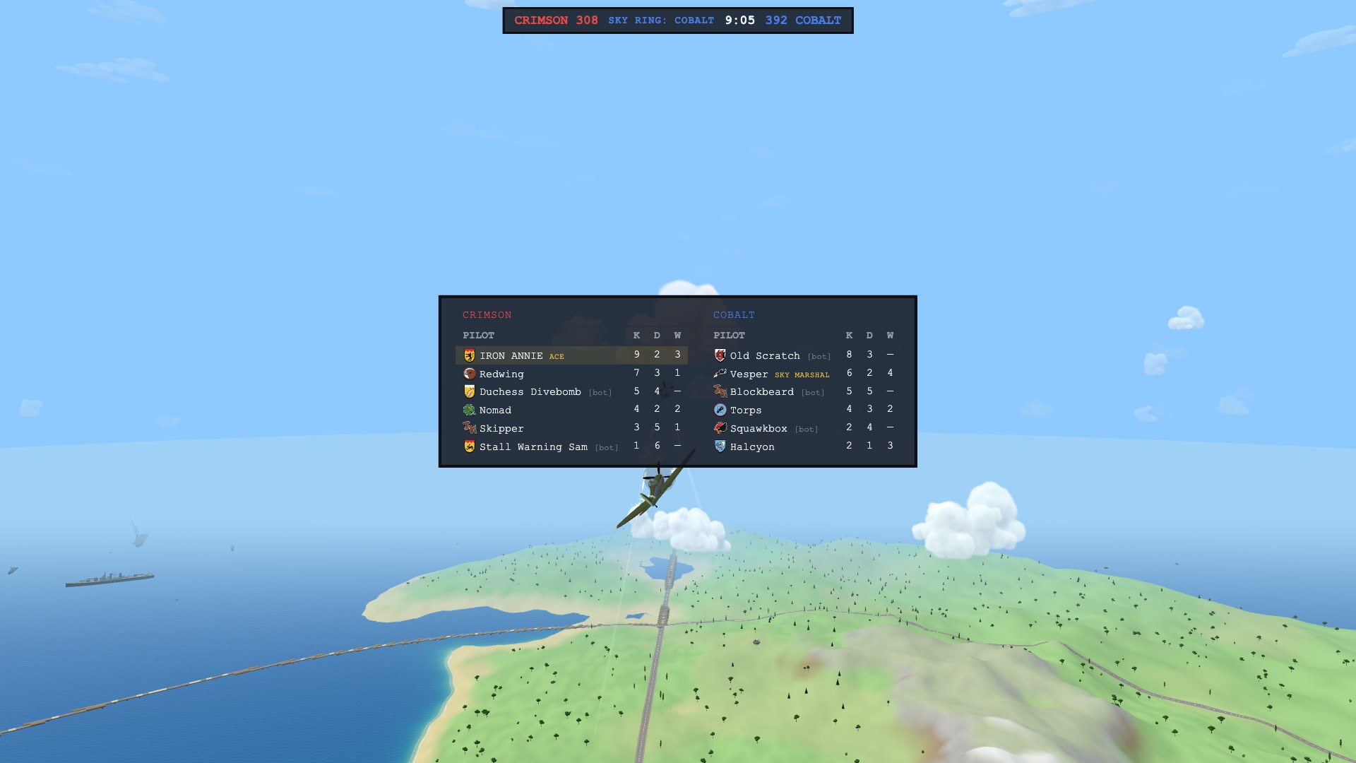 The scoreboard with both squadrons' ledgers, every pilot's badge beside the callsign, over a dogfight
