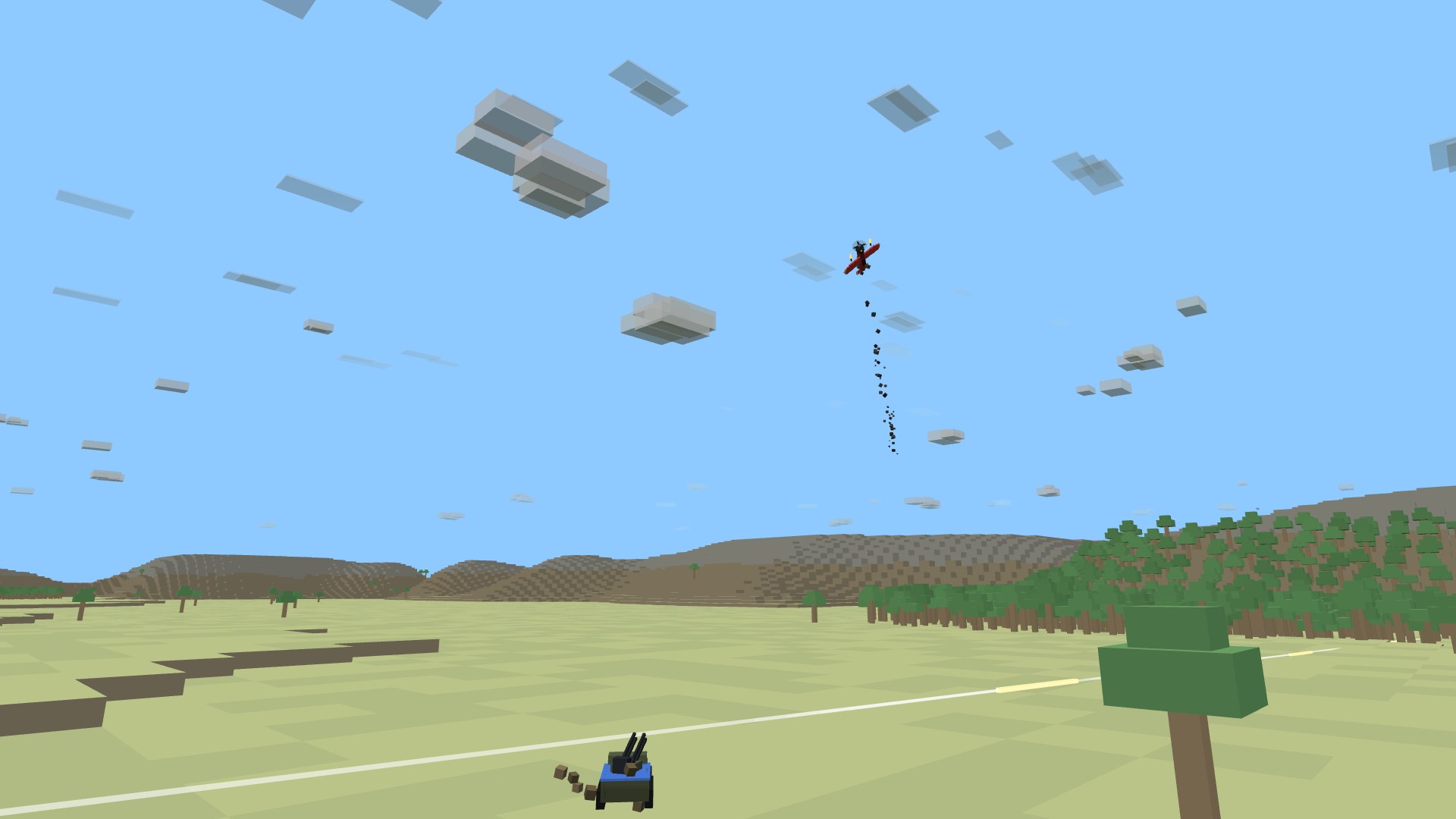 A quad-20mm anti-aircraft half-track hammering a strafing attack plane overhead, four tracer streams converging on it in the sky
