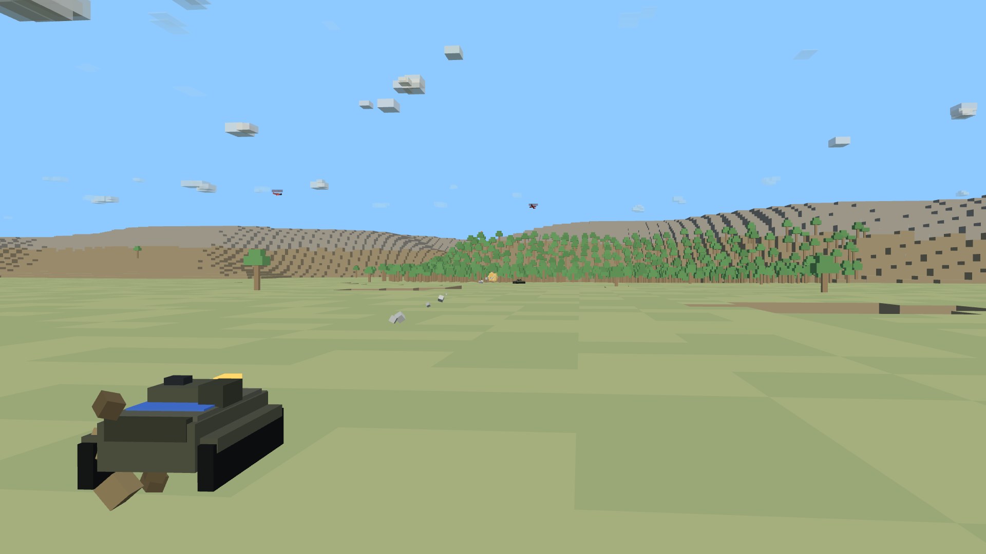 An infantry fighting vehicle launching a wire-guided anti-tank missile, the round's motor glowing halfway to a distant tank with a thin smoke trail back to the launcher
