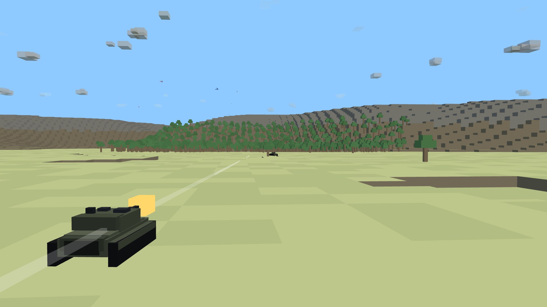 Two blocky main battle tanks duelling across a fold of open steppe, a sabot tracer streaking between them, a forest block and rocky hills on the horizon