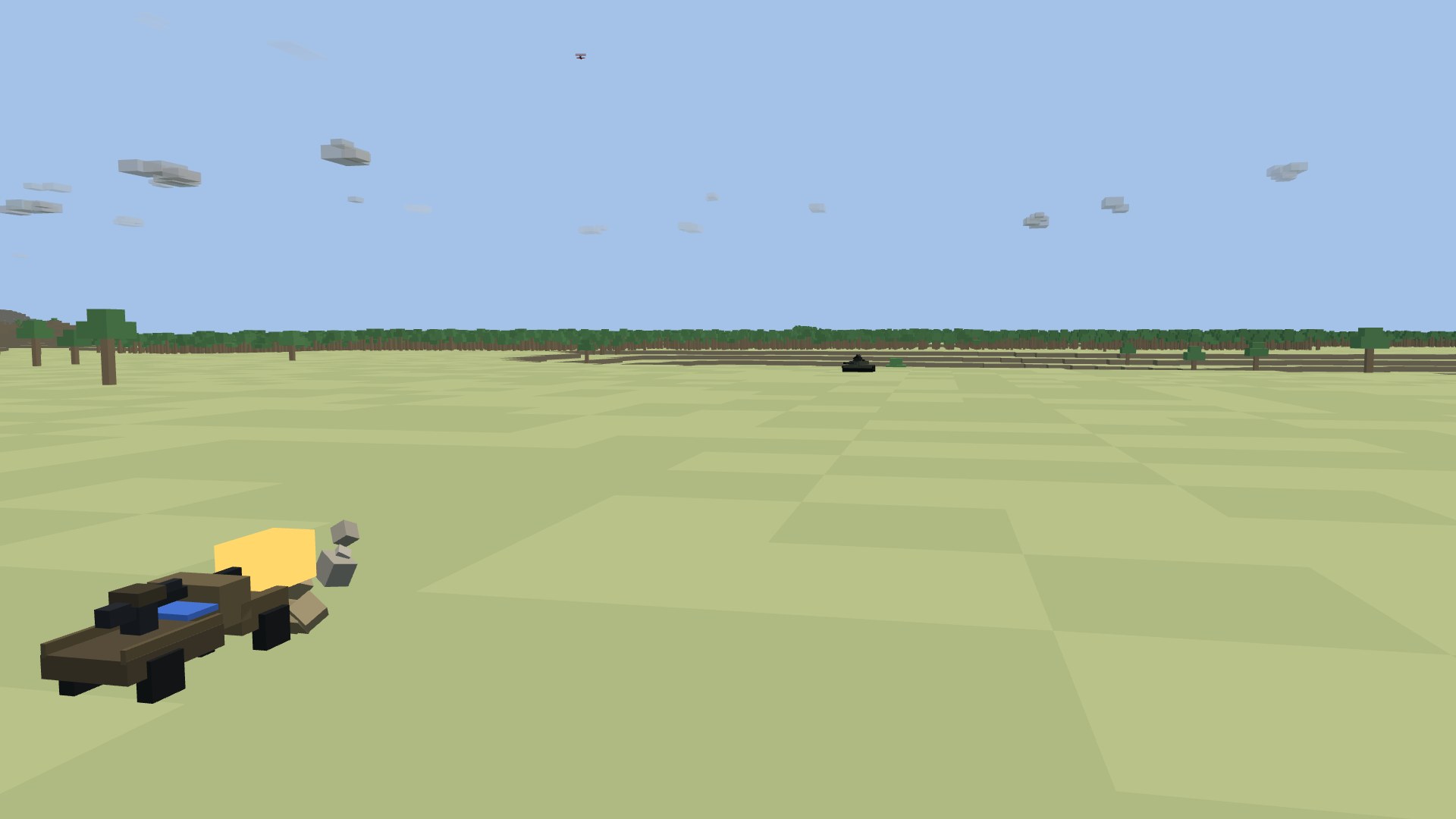 A soft-skinned gun truck tucked against a treeline firing its recoilless rifle, a main battle tank burning out on the open steppe beyond