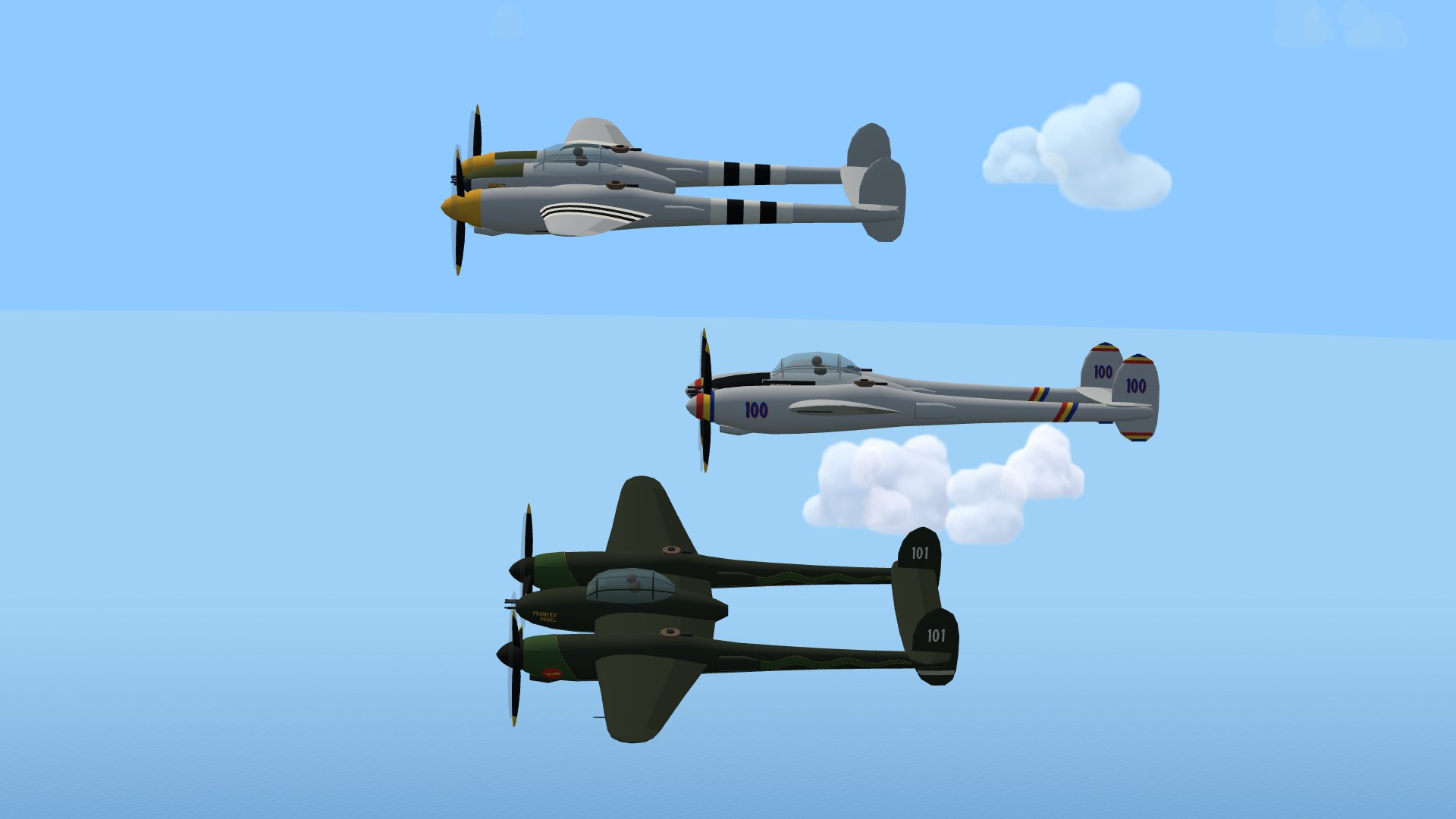 Three P-38 Lightnings stacked like a page of profile plates: the top one bare metal with yellow spinners and black-and-white invasion stripes round both booms; the middle one bare metal with red, yellow and blue spinners, blue 100s on the engines and both fins, and red, yellow and blue stripes slanting round the booms and capping the fins; the bottom one dark olive drab, banked to show green dragons with yellow dashed outlines running down both booms and white 101s on the fins