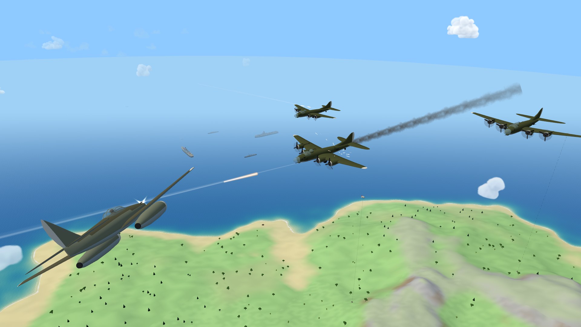 An Me 262 jet diving past the camera into a box of three B-17 bombers, twin contrails behind it and its cannon stream reaching into the lead bomber, the island coast far below